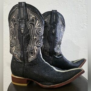 Black and White Embroidered Boots